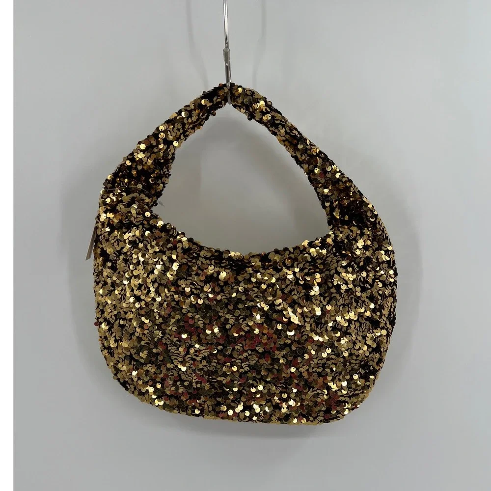 Anthropologie Paillette Mini Crescent Bag Gold Sequin Hobo Party Sparkle NWT